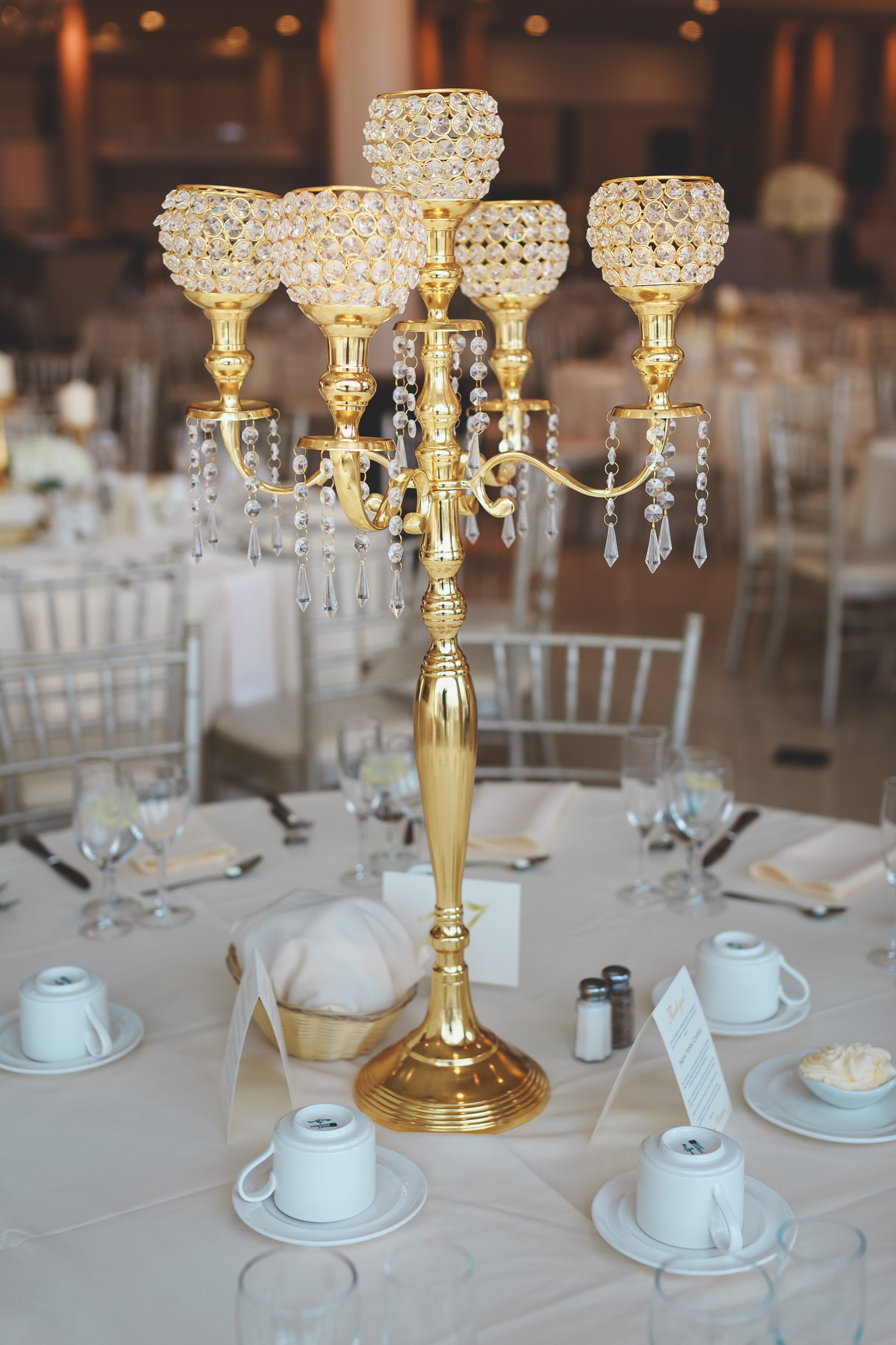 Gold candelabra crystal centerpiece